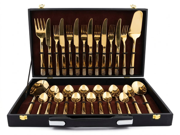 28-Piece Pure Gold Cutlery Set with Executive Briefcase | Authentic Wazirabad Handcrafted Flatware | 5-Year Warranty