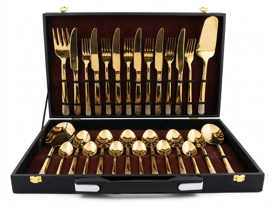28-Piece Pure Gold Cutlery Set with Executive Briefcase | Authentic Wazirabad Handcrafted Flatware | 5-Year Warranty