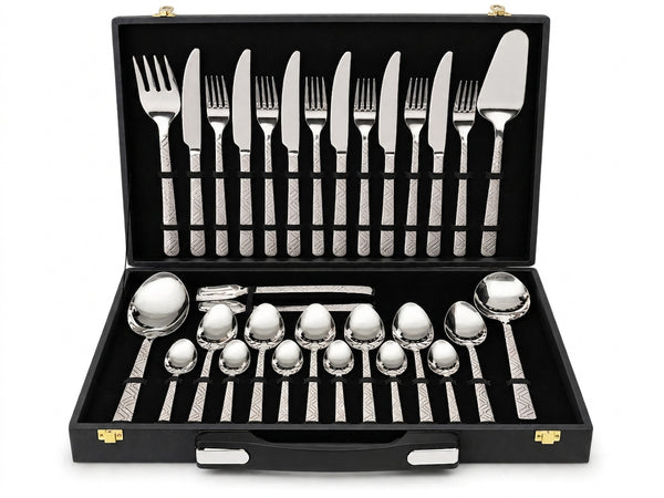 29-Piece Silver Stainless Steel Cutlery Set with Executive Briefcase | Handcrafted Wazirabad Flatware | Lifetime Warranty