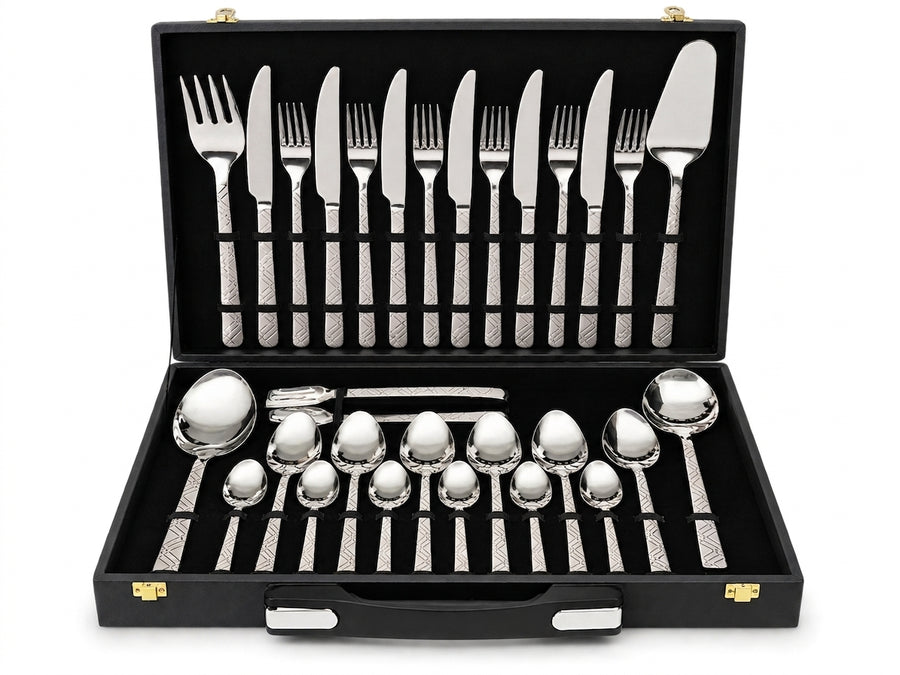 29-Piece Silver Stainless Steel Cutlery Set with Executive Briefcase | Handcrafted Wazirabad Flatware | Lifetime Warranty