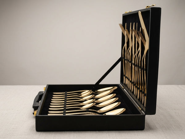28-Piece Pure Gold Cutlery Set with Executive Briefcase | Authentic Wazirabad Handcrafted Flatware | 5-Year Warranty
