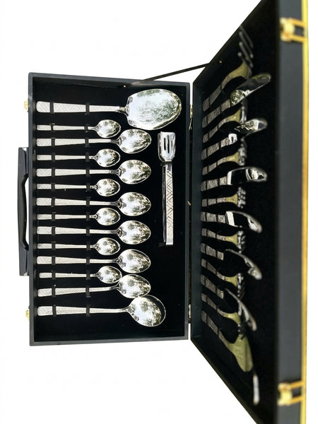 29-Piece Silver Stainless Steel Cutlery Set with Executive Briefcase | Handcrafted Wazirabad Flatware | Lifetime Warranty