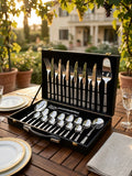 29-Piece Silver Stainless Steel Cutlery Set with Executive Briefcase | Handcrafted Wazirabad Flatware | Lifetime Warranty