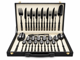 29-Piece Pure Black Cutlery Set with Executive Briefcase | Authentic Wazirabad Handcrafted Flatware | 5-Year Warranty