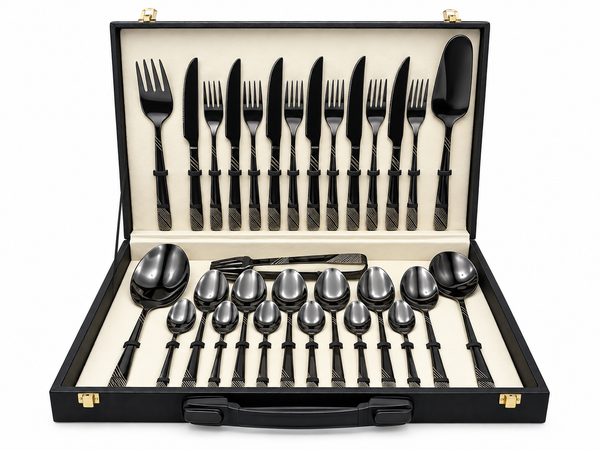 29-Piece Pure Black Cutlery Set with Executive Briefcase | Authentic Wazirabad Handcrafted Flatware | 5-Year Warranty