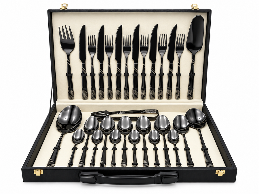 29-Piece Pure Black Cutlery Set with Executive Briefcase | Authentic Wazirabad Handcrafted Flatware | 5-Year Warranty