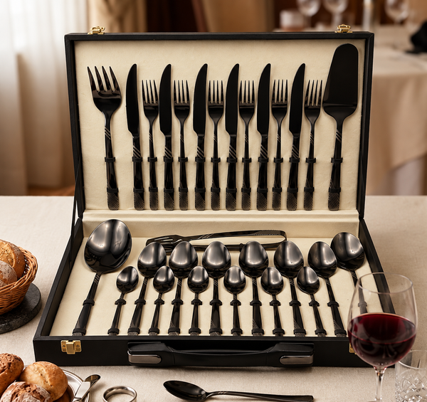 29-Piece Pure Black Cutlery Set with Executive Briefcase | Authentic Wazirabad Handcrafted Flatware | 5-Year Warranty