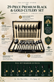 29-Piece Pure Black Cutlery Set with Executive Briefcase | Authentic Wazirabad Handcrafted Flatware | 5-Year Warranty