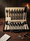 29-Piece Pure Black Cutlery Set with Executive Briefcase | Authentic Wazirabad Handcrafted Flatware | 5-Year Warranty