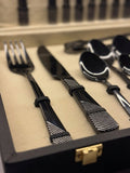 29-Piece Pure Black Cutlery Set with Executive Briefcase | Authentic Wazirabad Handcrafted Flatware | 5-Year Warranty